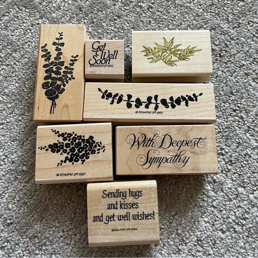 Set of 7 Get Well and floral spray Wooden Stamp Collection, Sympathy Stamp